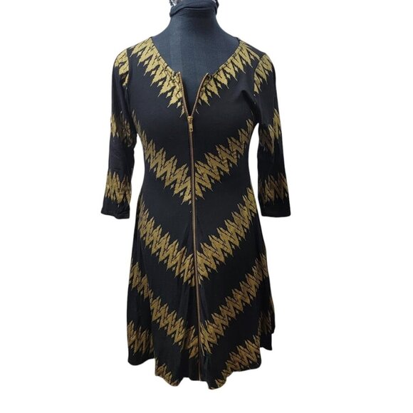 Bel Kazan Black Gold Zip Front Fit & Flare Dress Medium | Bali Made | Boho Mod - Picture 1 of 10